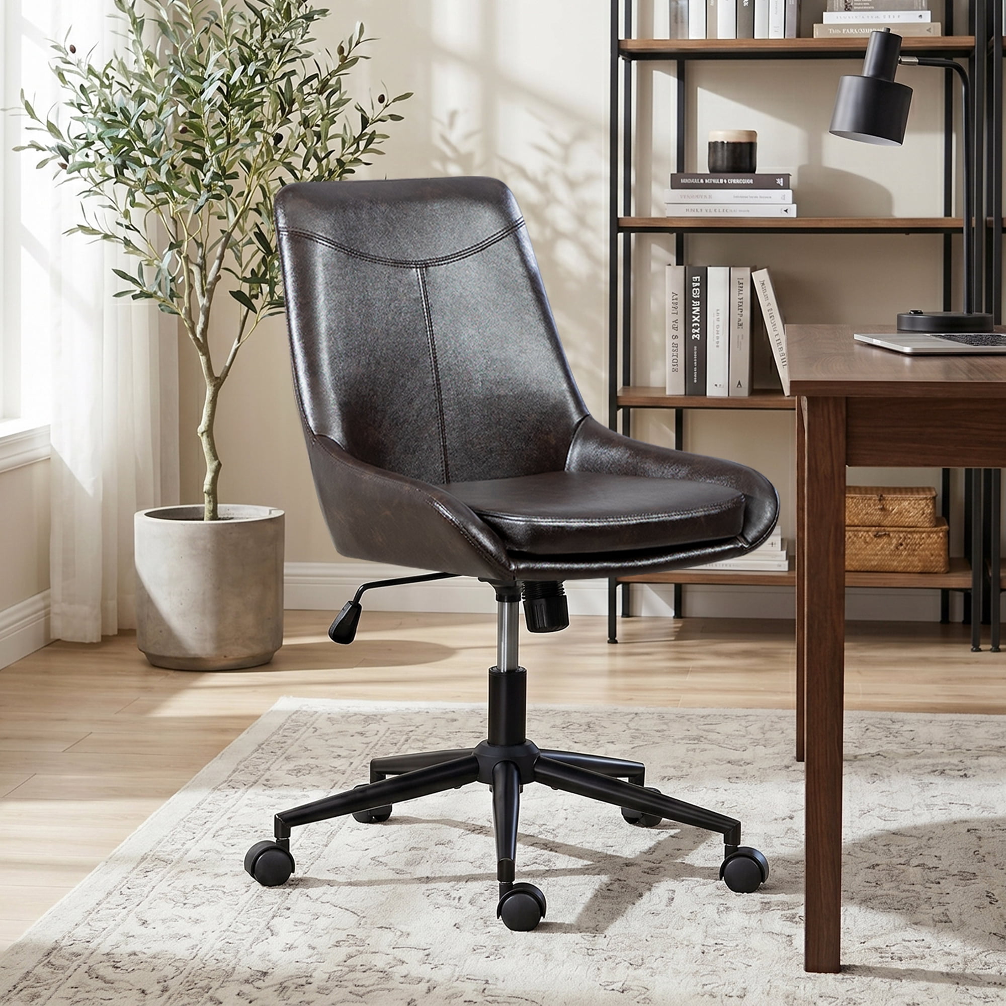 Faux Leather Home Office Task Chair, Armless Office Chair With Wheels, Swivel Adjustable Seat Height Desk Chair with Rocking Function for Living Room or Study, Black Brown