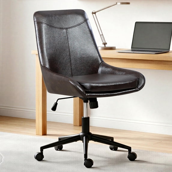 PU Leather Desk Chair for Adults and Teens, Armless Office Chair With Wheels, Swivel Adjustable Task Chair with Rocking, Black Brown
