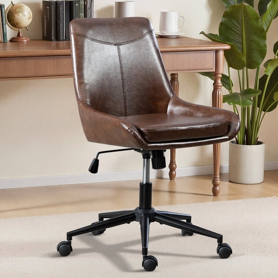Faux Leather Home Office Task Chair, Armless Office Chair With Wheels, Swivel Adjustable Seat Height Desk Chair with Rocking Function for Bedroom, Living Room or Study, Dark Brown