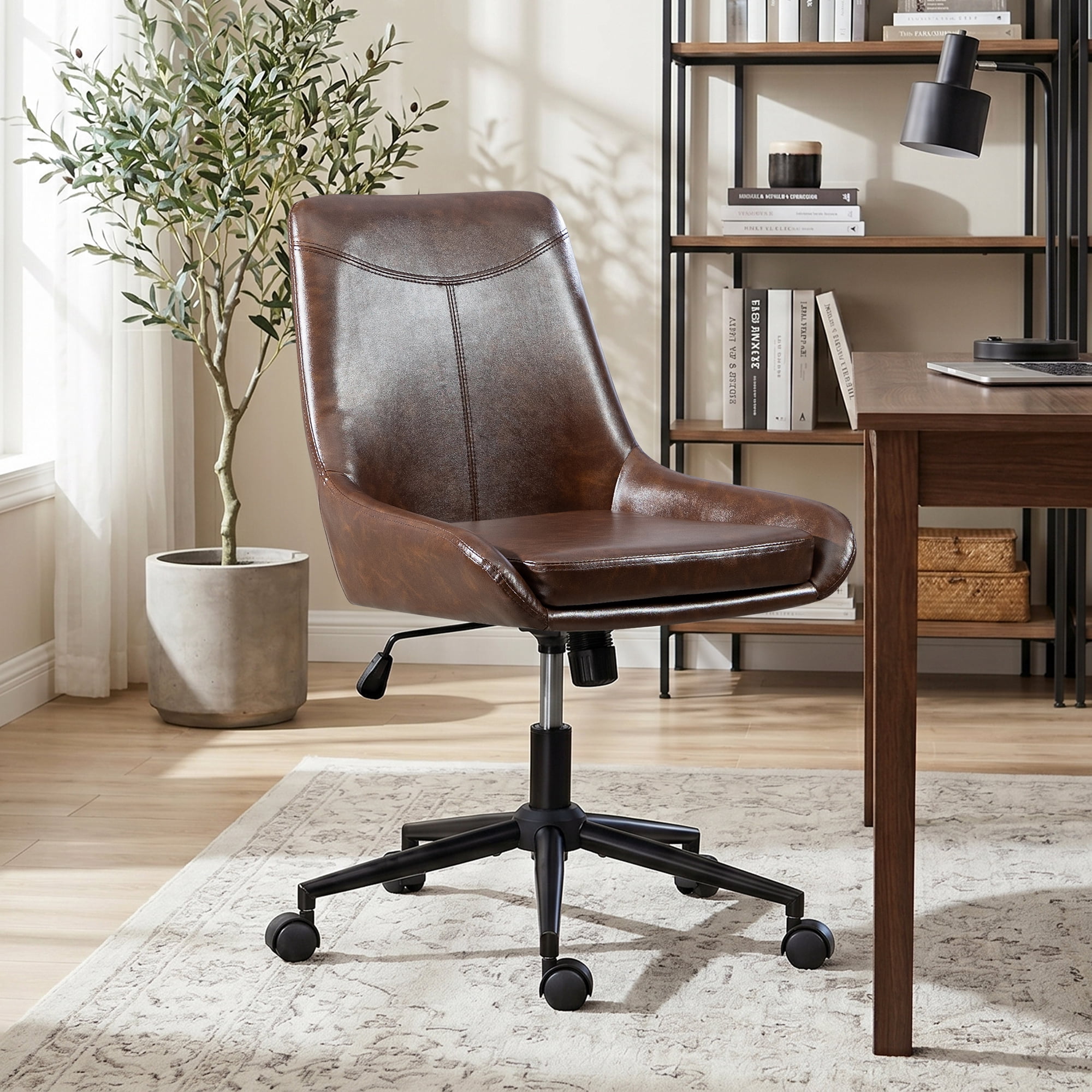 Faux Leather Home Office Task Chair, Armless Office Chair With Wheels, Swivel Adjustable Seat Height Desk Chair with Rocking Function for Living Room or Study, Dark Brown