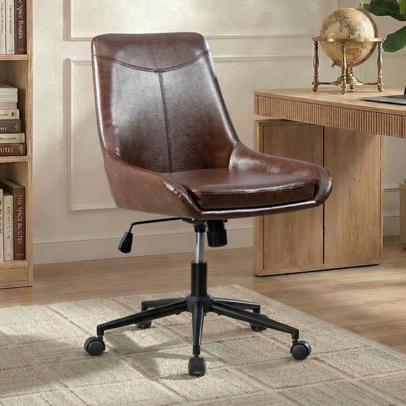 Faux Leather Home Office Task Chair, Armless Office Chair With Wheels, Swivel Adjustable Seat Height Desk Chair with Rocking Function for Living Room or Study, Dark Brown