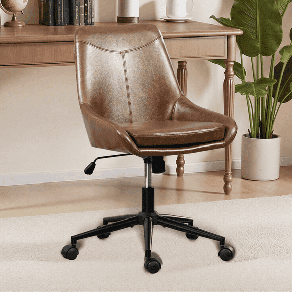 Faux Leather Home Office Task Chair, Armless Office Chair With Wheels, Swivel Adjustable Seat Height Desk Chair with Rocking Function for Bedroom, Living Room or Study, Yellow Brown