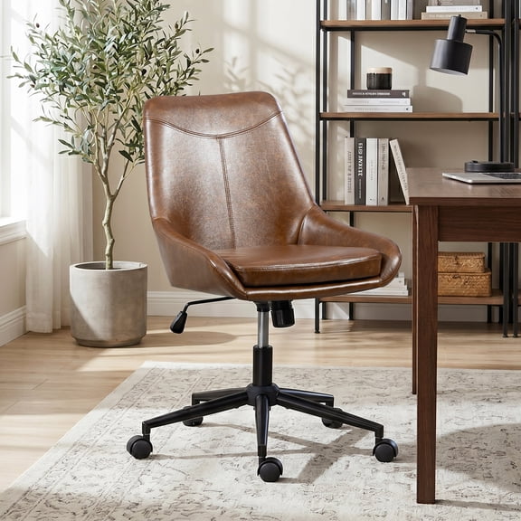 Faux Leather Home Office Task Chair, Armless Office Chair With Wheels, Swivel Adjustable Seat Height Desk Chair with Rocking Function for Living Room or Study, Brown