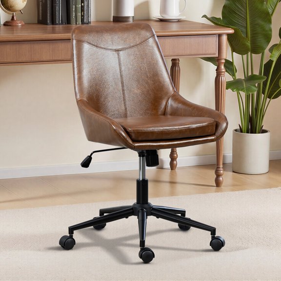 Faux Leather Home Office Task Chair, Armless Office Chair With Wheels, Swivel Adjustable Seat Height Desk Chair with Rocking Function for Bedroom, Living Room or Study, Yellow Brown