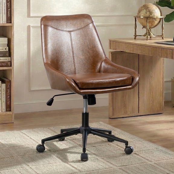 Faux Leather Home Office Task Chair, Armless Office Chair With Wheels, Swivel Adjustable Seat Height Desk Chair with Rocking Function for Living Room or Study, Brown