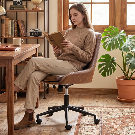 Faux Leather Home Office Task Chair, Armless Office Chair With Wheels, Swivel Adjustable Seat Height Desk Chair with Rocking Function for Living Room or Study, Brown