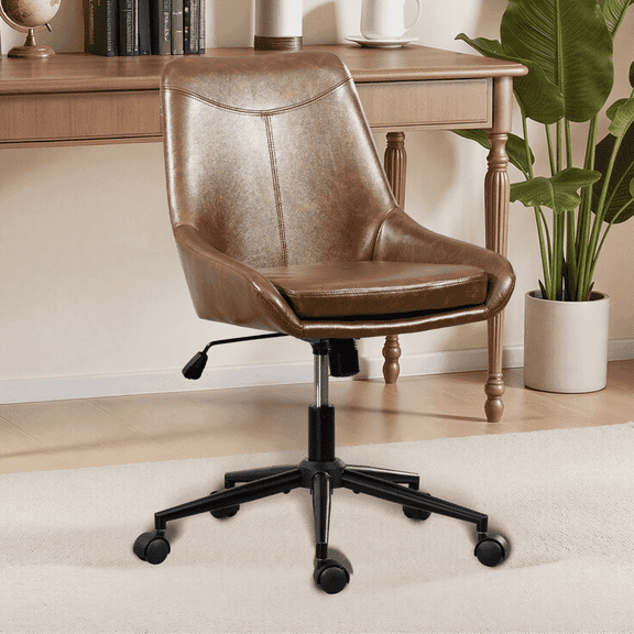 Faux Leather Home Office Task Chair, Armless Office Chair With Wheels, Swivel Adjustable Seat Height Desk Chair with Rocking Function for Bedroom, Living Room or Study, Yellow Brown