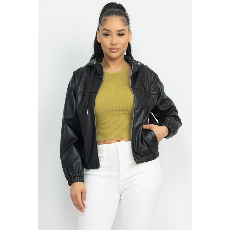 Faux Leather Hoodie Jacket Black - Walmart.com
