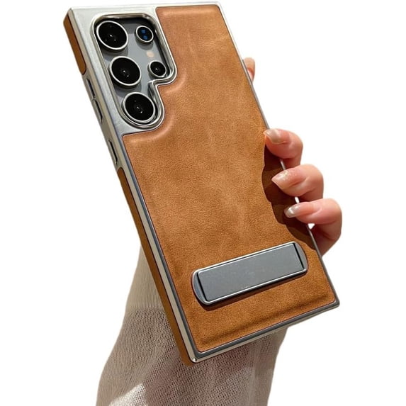 Faux Leather Invisible Bracket Phone Case, Hidden Bracket, Horizontal and Vertical, Drop-proof, for Samsung Galaxy S24 S23 S22 S21 Ultra Plus Phone Case (Brown,S23 FE)