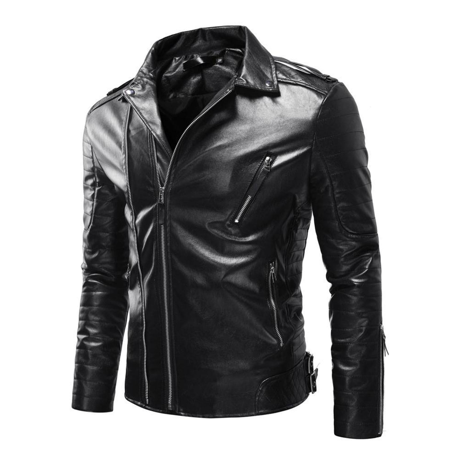 Faux Leather Jacket Men Bright PU Leather Motorcycle Jacket Coat Lapel
