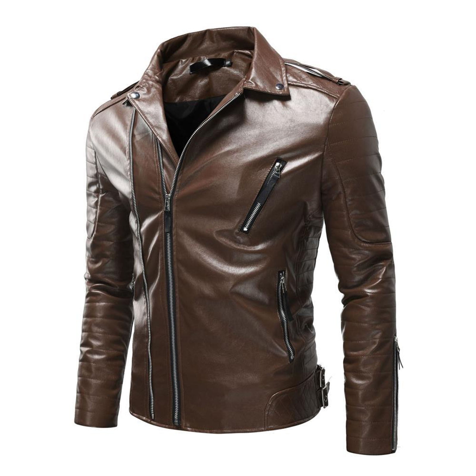 Faux Leather Jacket Men Bright PU Leather Motorcycle Jacket Coat Lapel ...