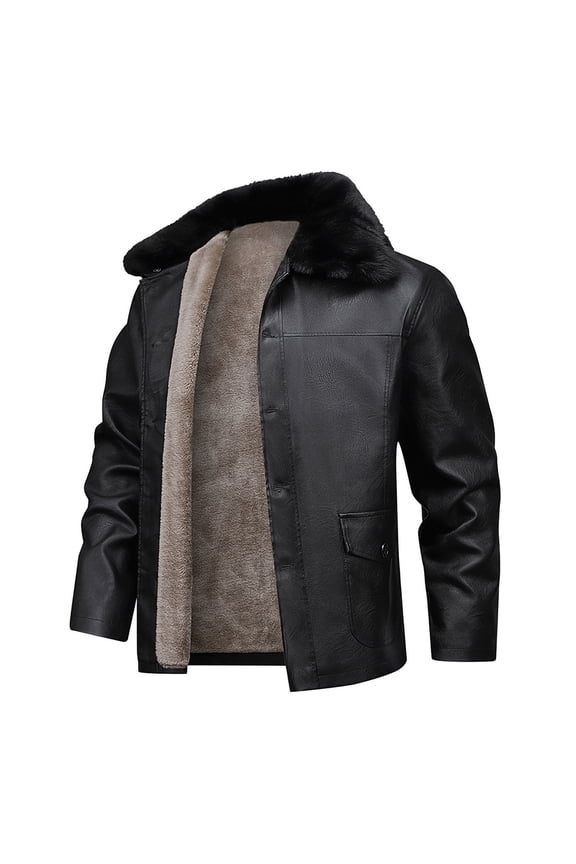 Faux Leather Jacket Men Thicken Fleece Plush Lining Winter Trucker Coat Fuzzy Lapel Collar Vintage Bomber Jacket (L, Black)