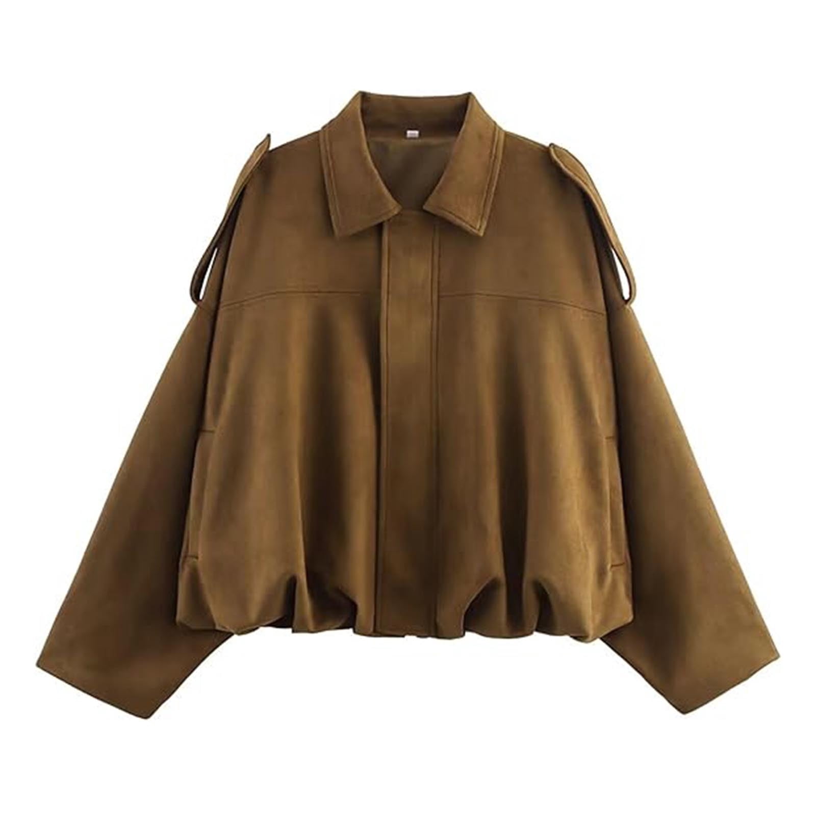 Faux Leather Jacket Women Sevevn Women's Faux Suede Bomber Jacket Spring Lapel Coat Casual Oversized Long Sleeves Trendy Streetwear Outerwear