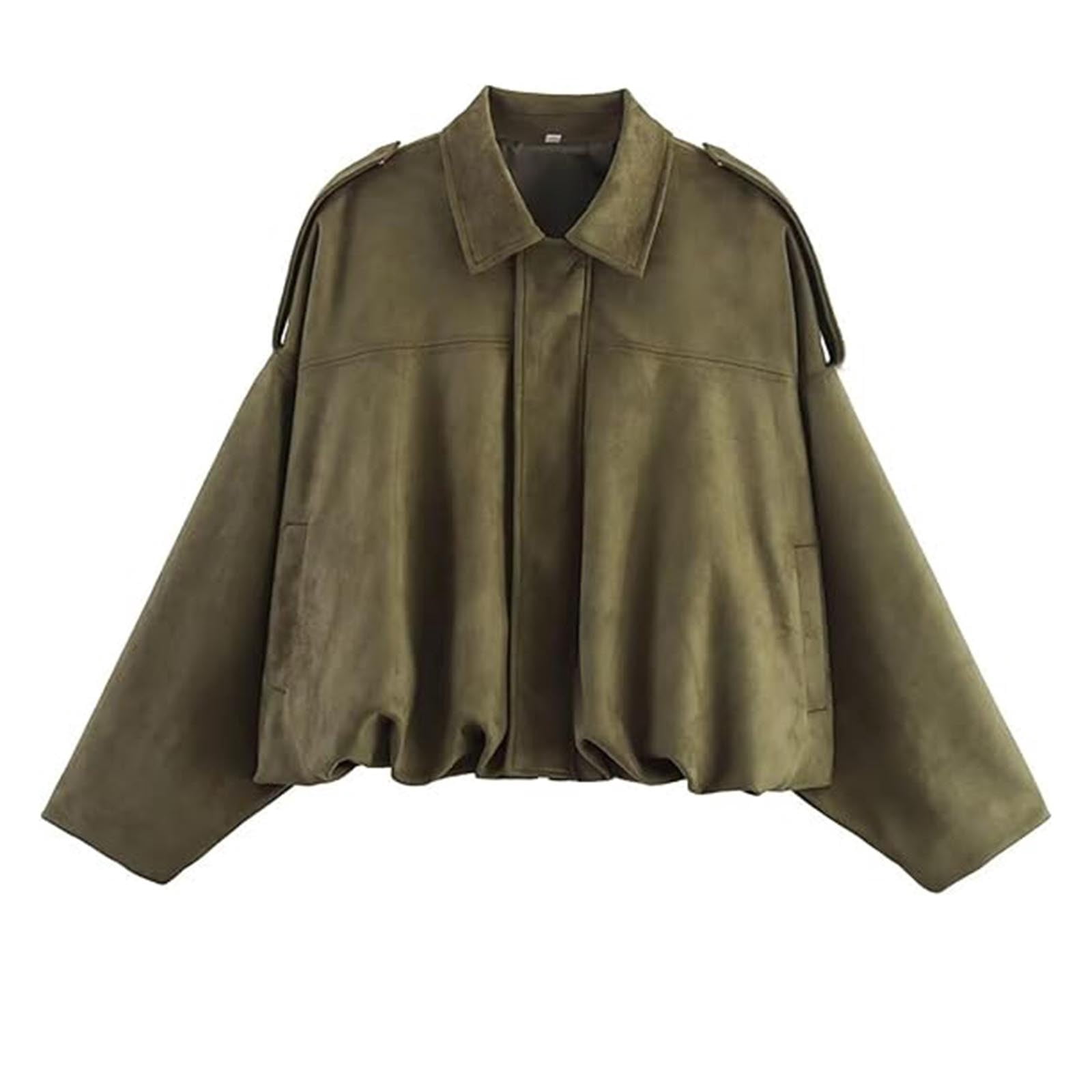 Faux Leather Jacket Women Sevevn Women's Faux Suede Bomber Jacket Spring Lapel Coat Casual Oversized Long Sleeves Trendy Streetwear Outerwear