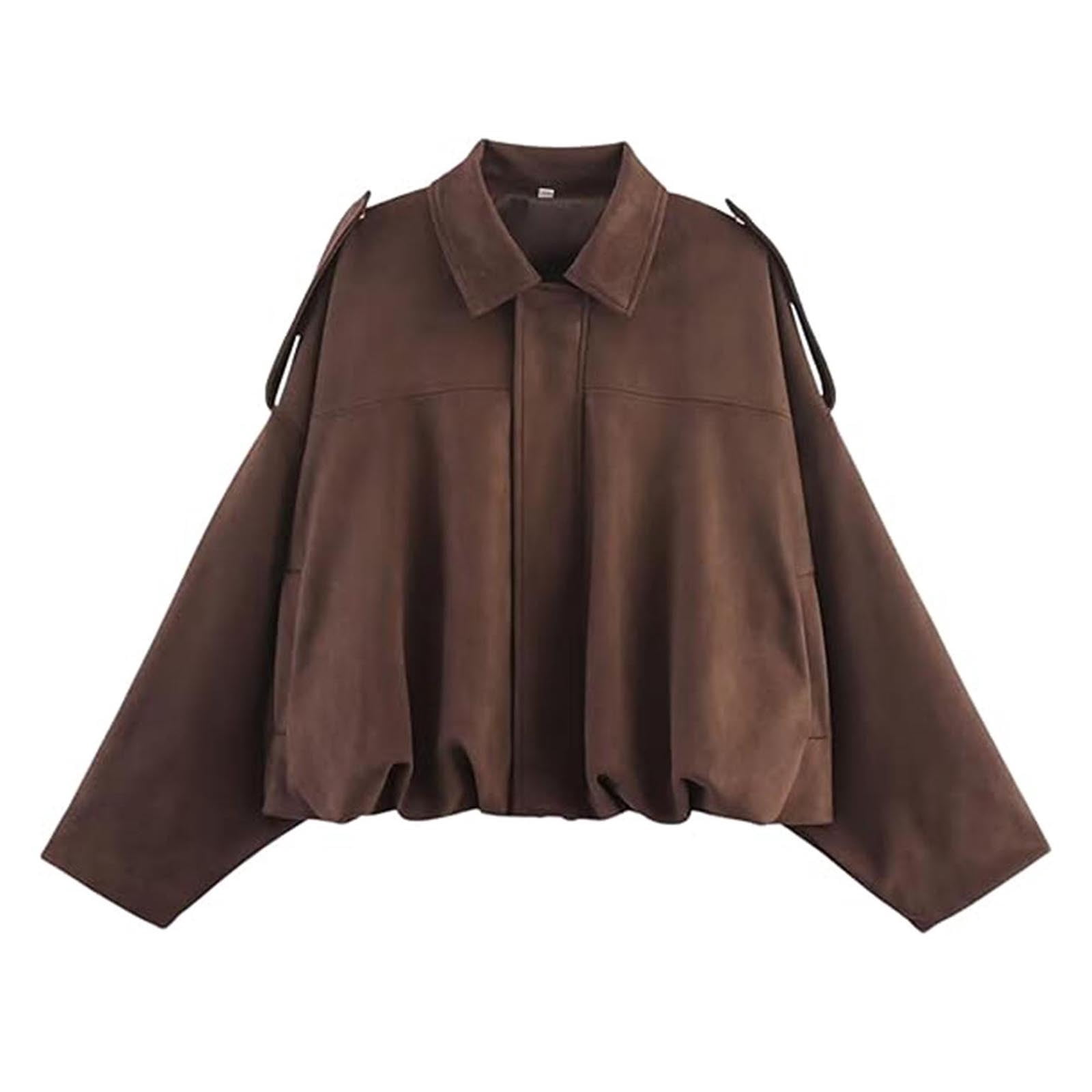 Faux Leather Jacket Women Sevevn Women's Faux Suede Bomber Jacket Spring Lapel Coat Casual Oversized Long Sleeves Trendy Streetwear Outerwear