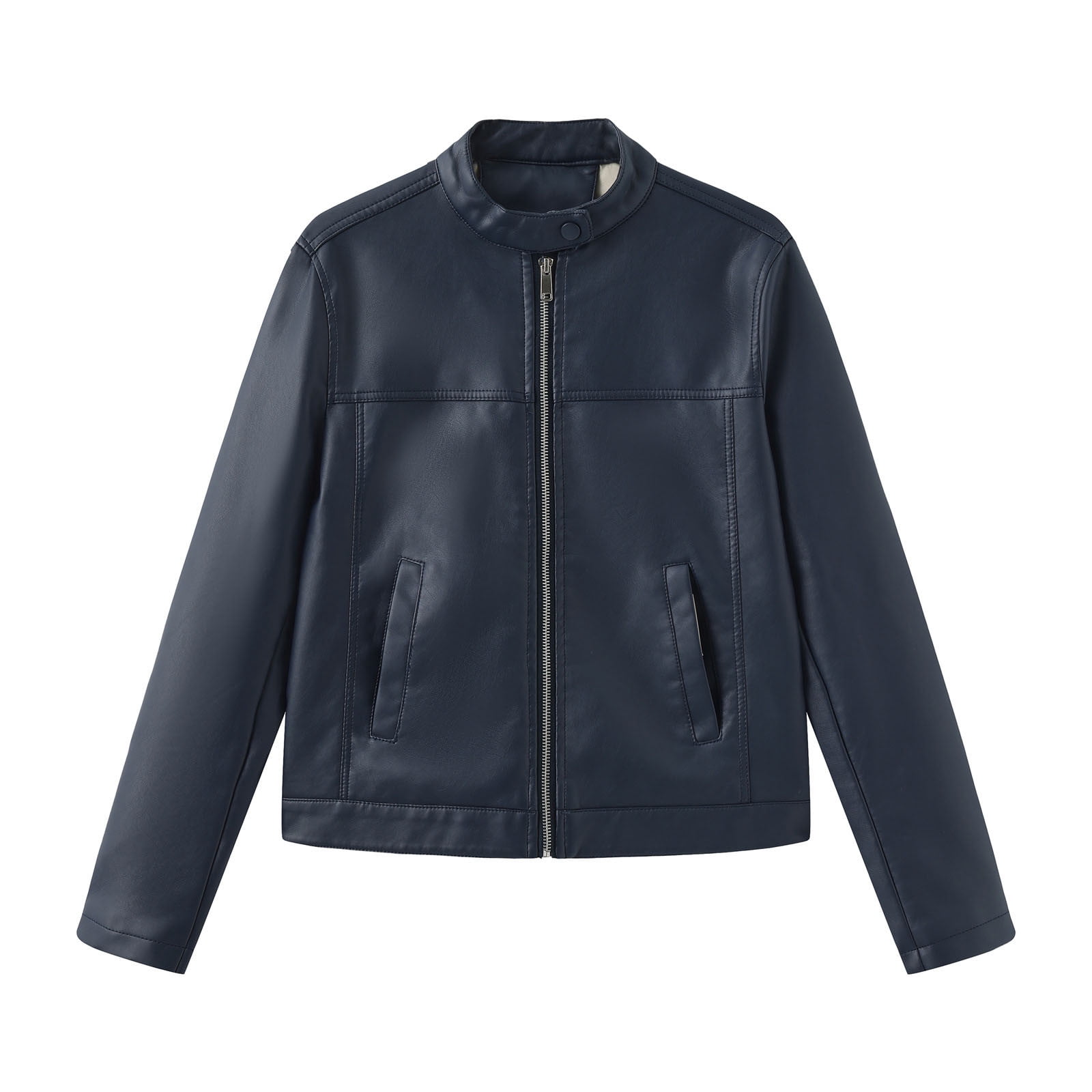 Faux Leather Jacket Womens Motorcycle Racing Bomber Coat Pockets Long Sleeve Zipper Retro Moto Biker Outfits (2XL, Blue)