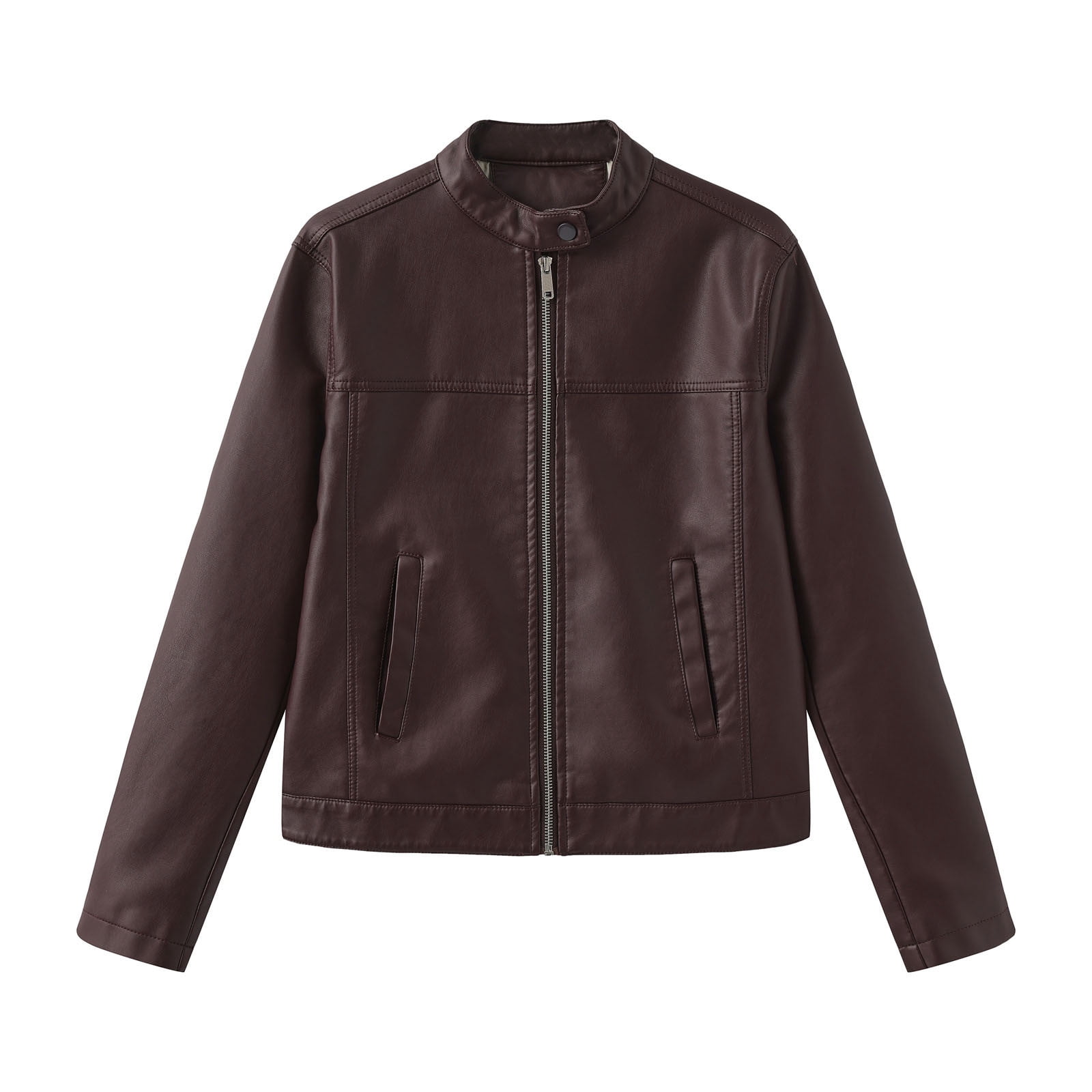 Faux Leather Jacket Womens Motorcycle Racing Bomber Coat Pockets Long Sleeve Zipper Retro Moto Biker Outfits (M, Coffee)