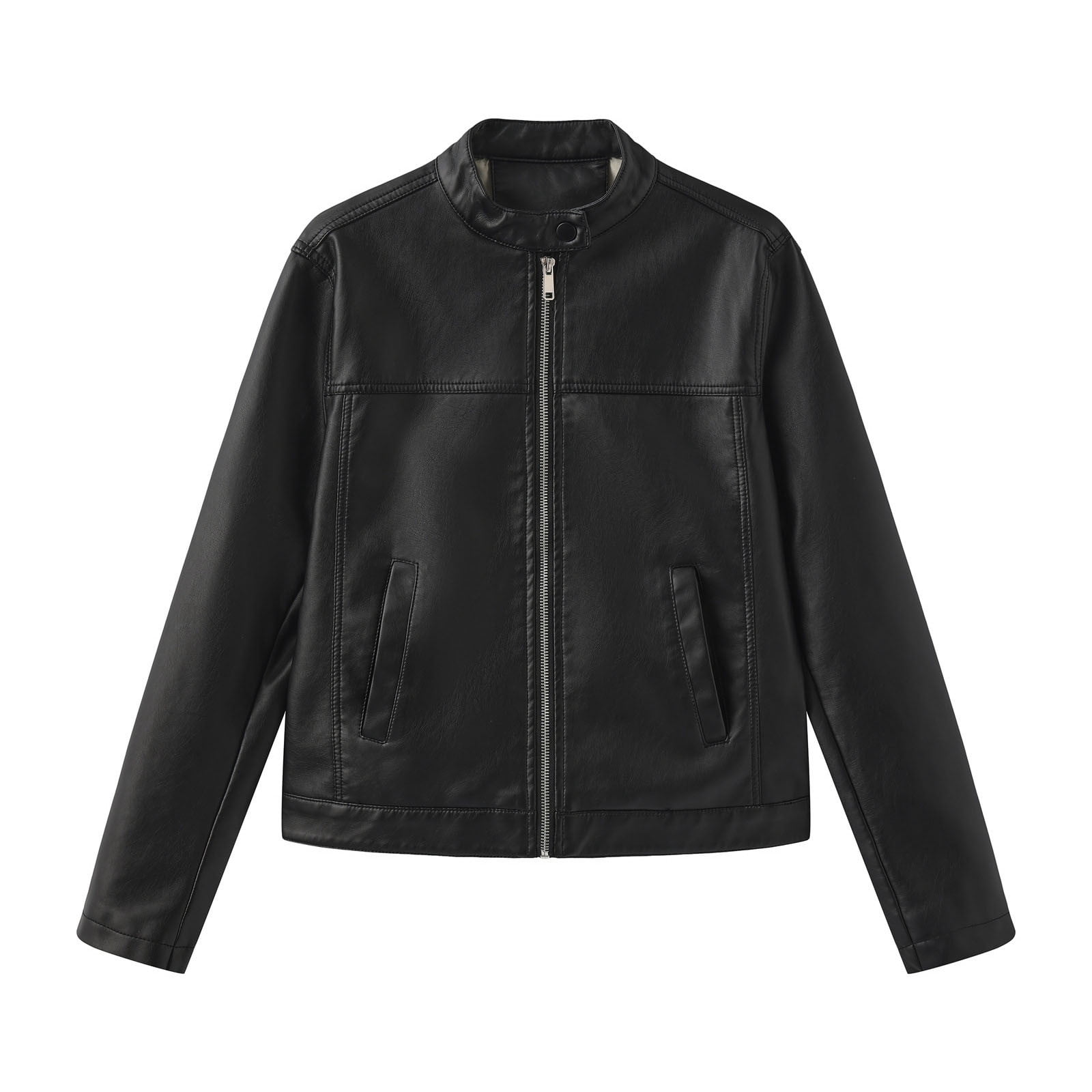 Faux Leather Jacket Womens Motorcycle Racing Bomber Coat Pockets Long Sleeve Zipper Retro Moto Biker Outfits (XS, Black)