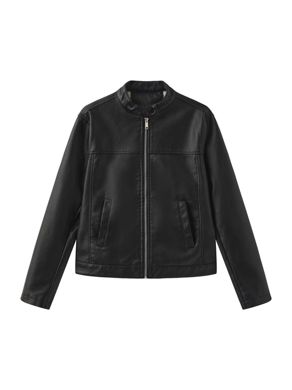 Faux Leather Jacket Womens Motorcycle Racing Bomber Coat Pockets Long Sleeve Zipper Retro Moto Biker Outfits (XS, Black)