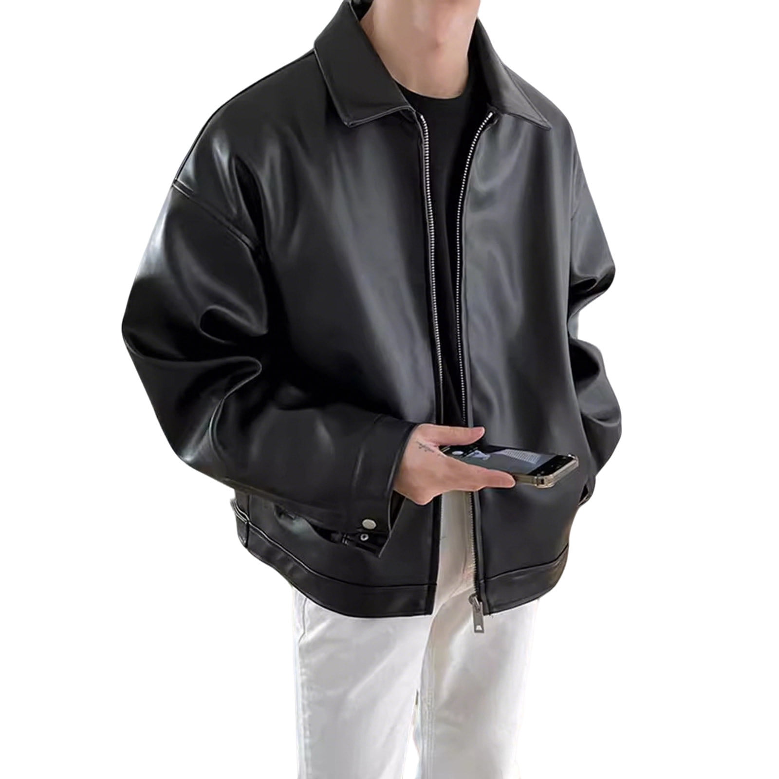 Faux Leather Jacket for Men Long Sleeve No Hood Lapel Full Zip Coat Motorcycle Vintage Casual Lightweight Outwear Pockets (XXL, Black)