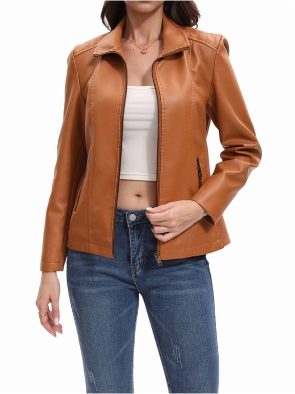 Faux Leather Jacket for Women Motorcycle Fashion Zip Up Coat Trendy Going Out Jackets Camel L