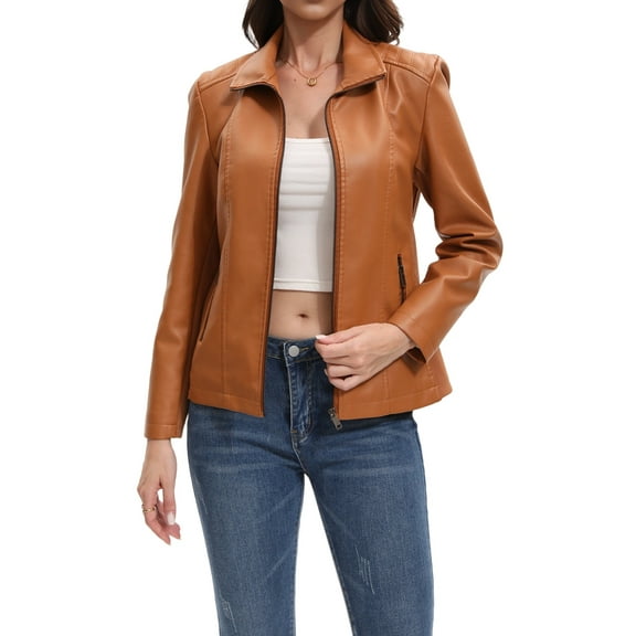 Faux Leather Jacket for Women Motorcycle Fashion Zip Up Coat Trendy Going Out Jackets Camel S