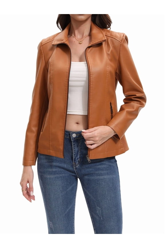 Faux Leather Jacket for Women Motorcycle Fashion Zip Up Coat Trendy Going Out Jackets Camel XXL