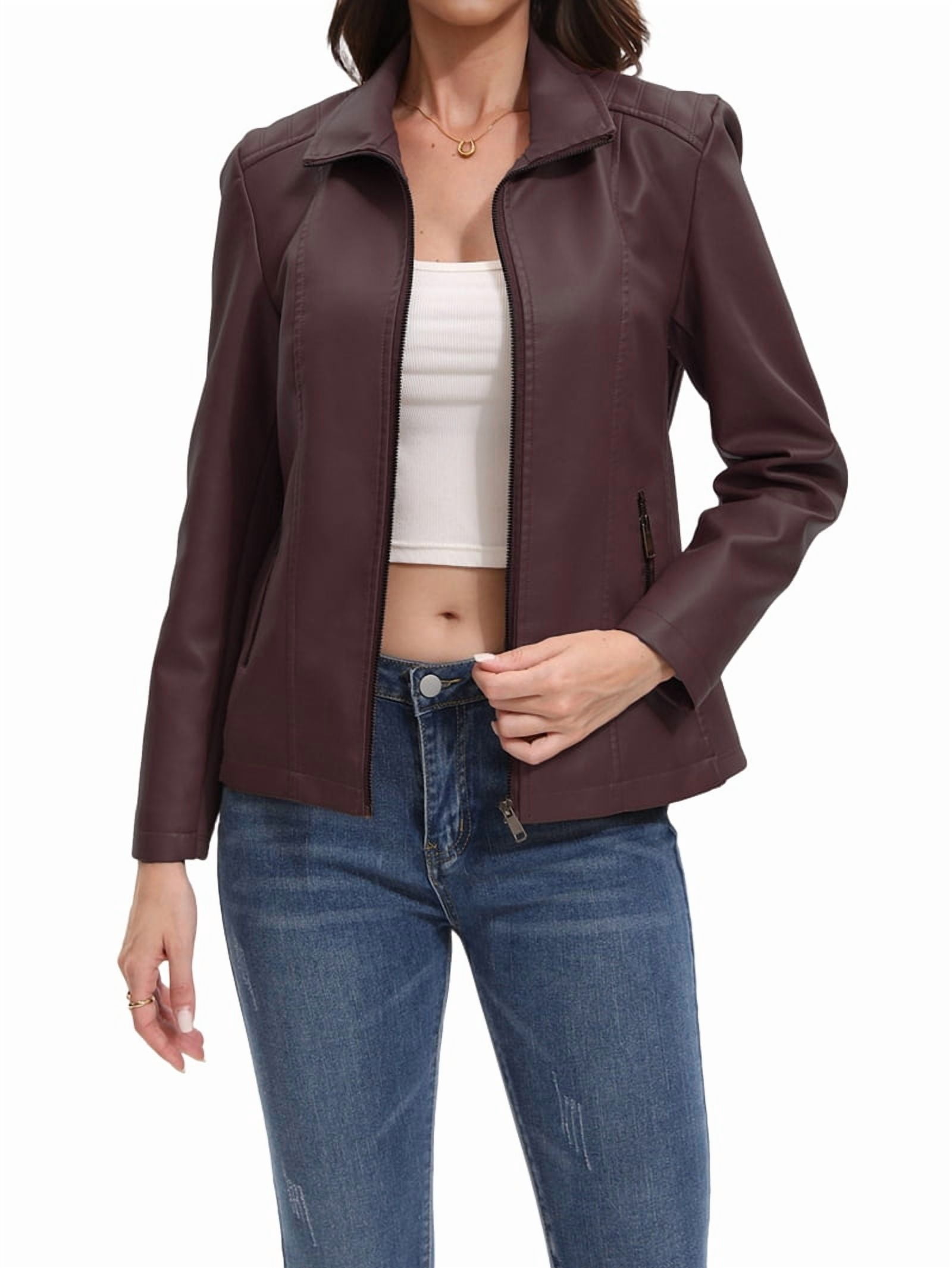 Faux Leather Jacket for Women Motorcycle Fashion Zip Up Coat Trendy Going Out Jackets Coffee XL