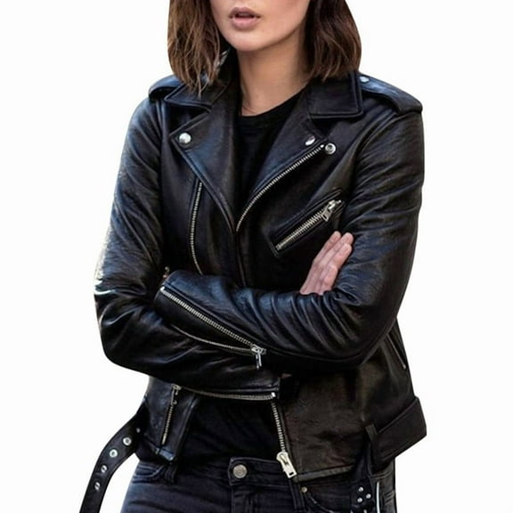 Faux Leather Jacket for Women, Vegan Jackets Moto Biker Motocycle Coat Black M