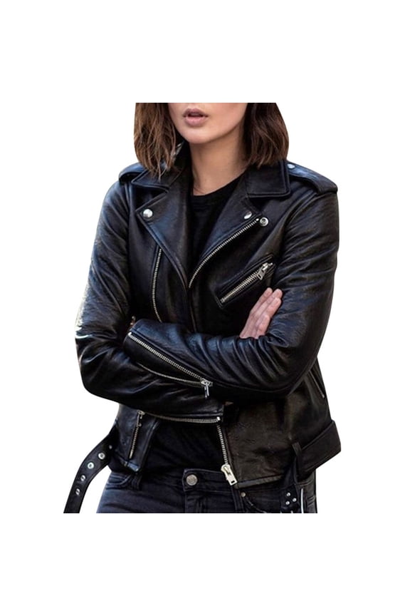 Faux Leather Jacket for Women, Vegan Jackets Moto Biker Motocycle Coat Black M