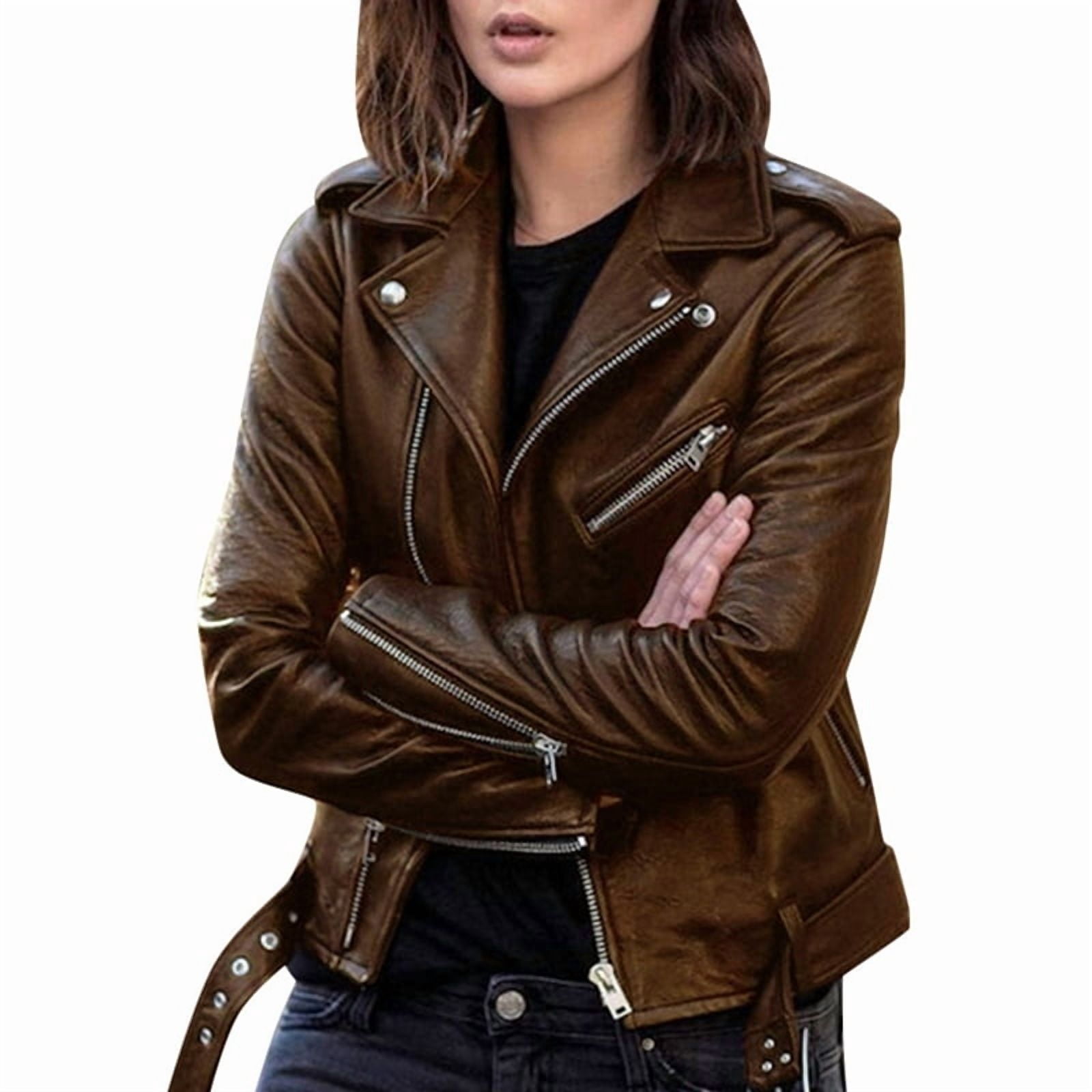 Faux Leather Jacket for Women, Vegan Jackets Moto Biker Motocycle Coat Brown XL