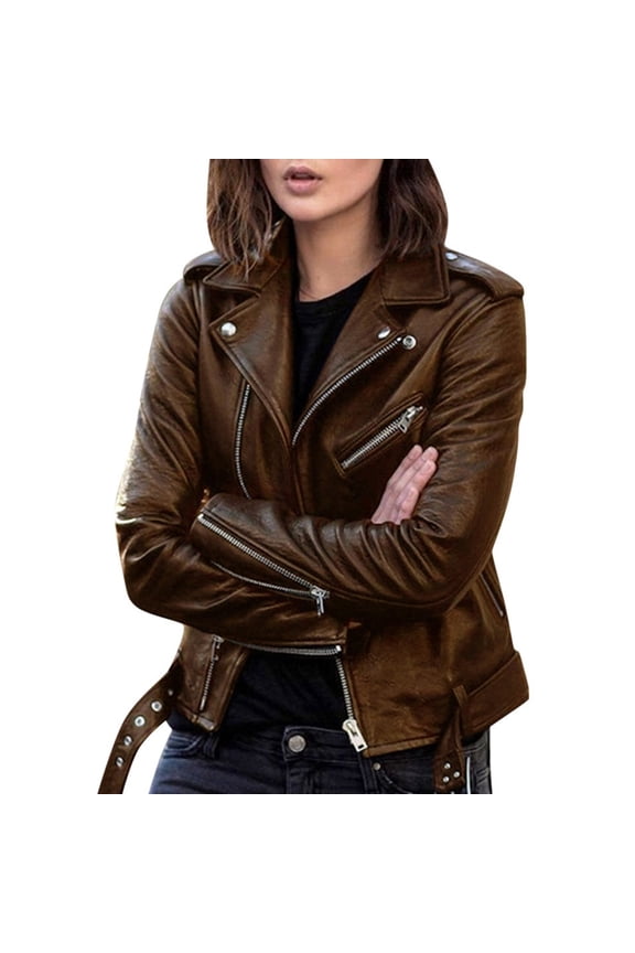 Faux Leather Jacket for Women, Vegan Jackets Moto Biker Motocycle Coat Brown XL