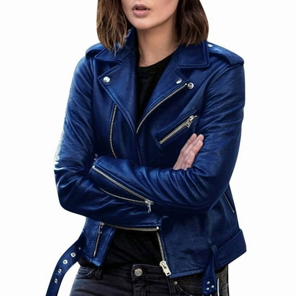 Faux Leather Jacket for Women, Vegan Jackets Moto Biker Motocycle Coat Deep Blue XL