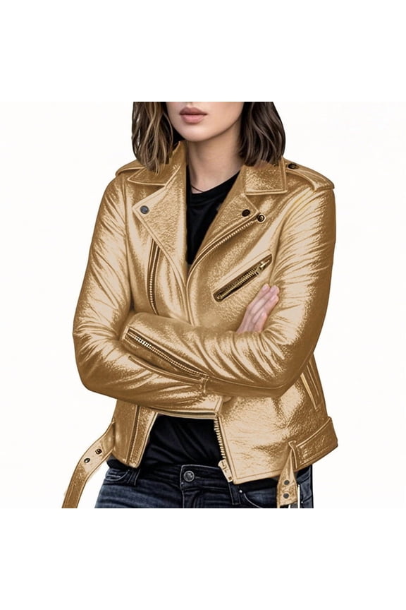 Faux Leather Jacket for Women, Vegan Jackets Moto Biker Motocycle Coat Gold L