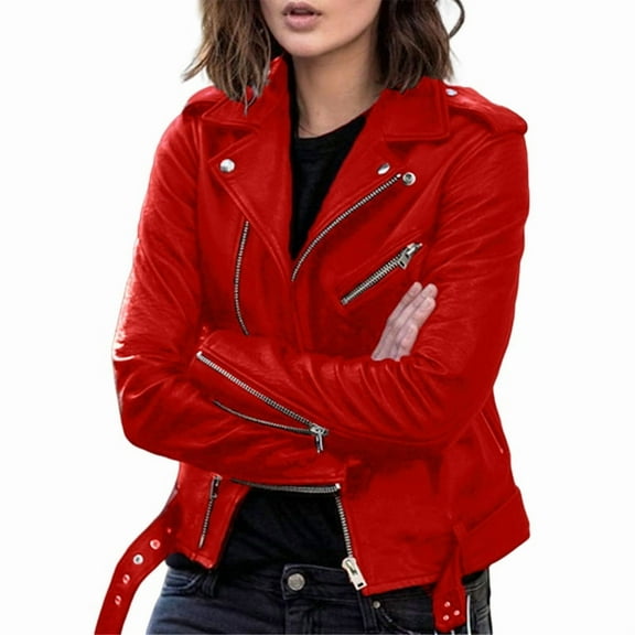 Faux Leather Jacket for Women, Vegan Jackets Moto Biker Motocycle Coat Red XXL