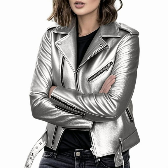 Faux Leather Jacket for Women, Vegan Jackets Moto Biker Motocycle Coat Silver Gray XXL
