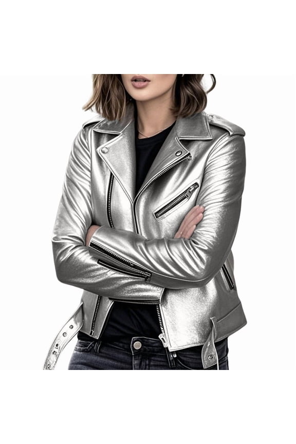 Faux Leather Jacket for Women, Vegan Jackets Moto Biker Motocycle Coat Silver Gray XXL