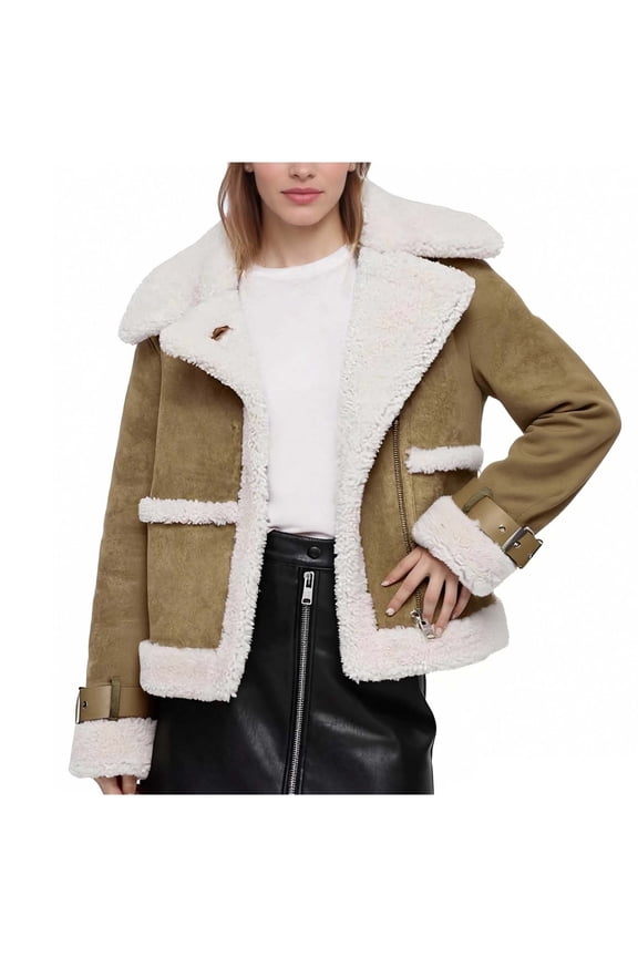 Faux Leather Jacket for Women Warm Winter Long Sleeve Sherpa Coat with Shearling Lining Khaki S