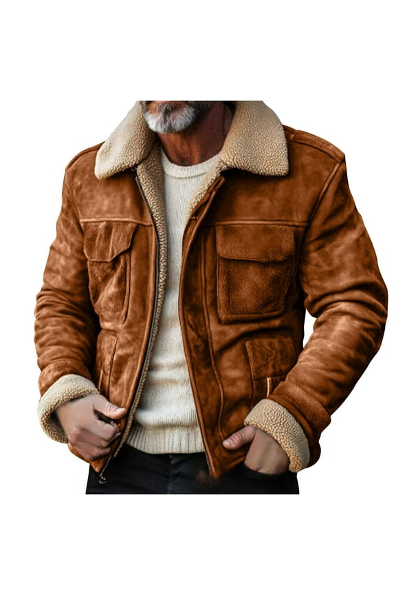 Faux Leather Jacket Mens Fur Shearling Neck Winter Warm Zip Up Motorcycle Coat Waterproof Windproof Trucker Pu Moto Coats Lightweight Jacket Brown Xxxxl