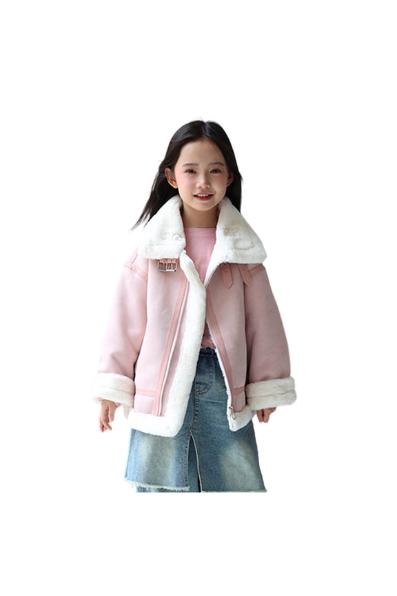 Faux Leather Jackets For Girls Front Zip Lapel Fleece Liner Cardigan Thicken Thermal Fall Winter Outwear (4 Years, Pink)