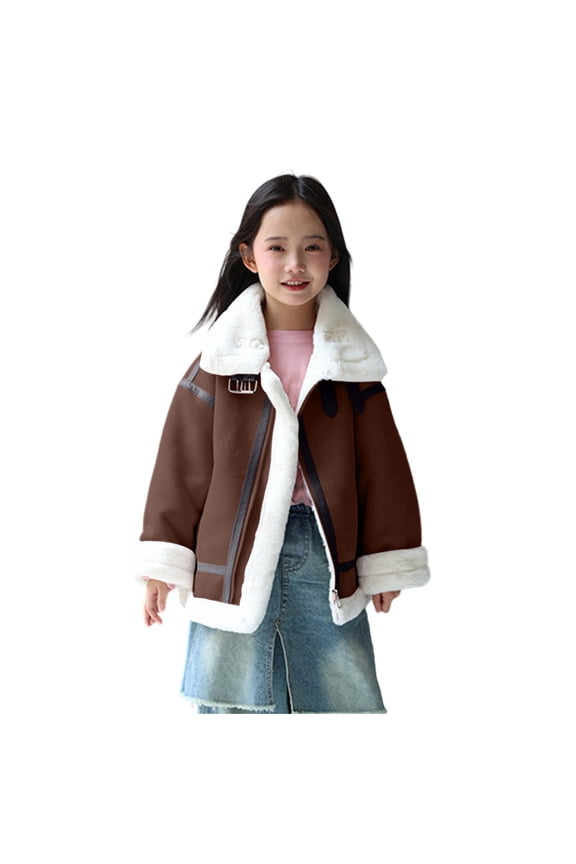 Faux Leather Jackets For Girls Front Zip Lapel Fleece Liner Cardigan Thicken Thermal Fall Winter Outwear (7 Years, Brown)