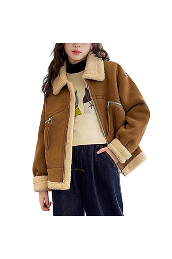 Faux Leather Jackets For Kids Lapel Full Zipper Fleece Liner Cardigan With Zip Pockets Thermal Fall Winter Outwear (14 Years, Yellow)