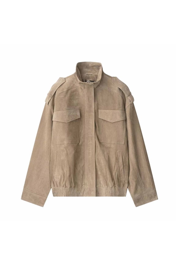 Faux Leather Jackets For Women Stand Collar Front Zip Button Down Cardigan Vintage Casual Stylish Outwear With Pockets (L, Khaki)