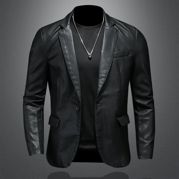 Faux Leather Jackets Men - Casual Button Blazer Coat for Casual Party Black L