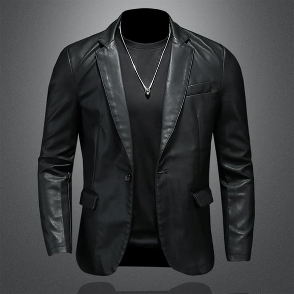 Faux Leather Jackets Men - Casual Button Blazer Coat for Casual Party Black M