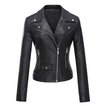 Faux-Leather Jackets for Women Trendy Full Zipper Up Collared Motorcycle Jacket Solid Slim Long Sleeve PU-Leather Moto Biker Outerwear Coats