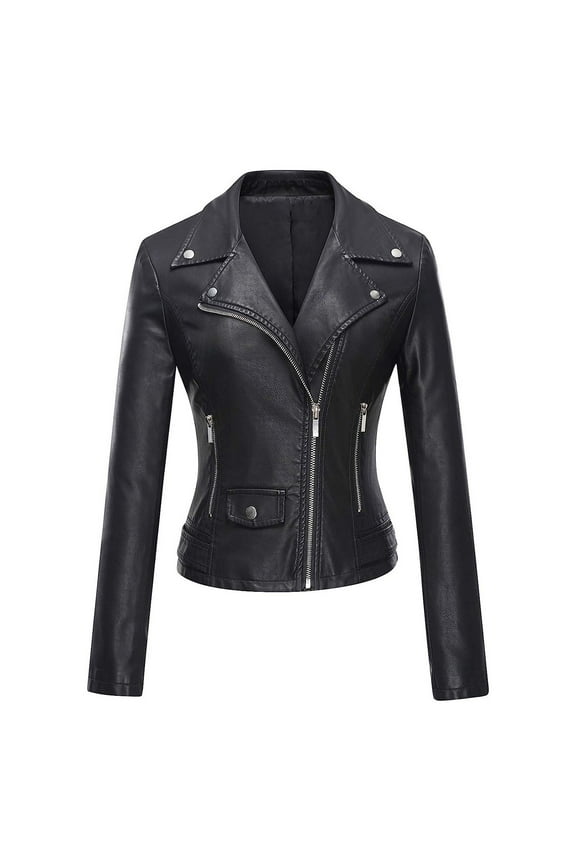 Faux-Leather Jackets for Women Trendy Full Zipper Up Collared Motorcycle Jacket Solid Slim Long Sleeve PU-Leather Moto Biker Outerwear Coats