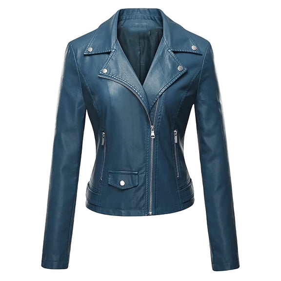 Faux-Leather Jackets for Women Trendy Full Zipper Up Collared Motorcycle Jacket Solid Slim Long Sleeve PU-Leather Moto Biker Outerwear Coats
