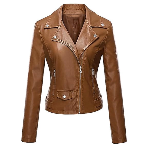 Faux-Leather Jackets for Women Trendy Full Zipper Up Collared Motorcycle Jacket Solid Slim Long Sleeve PU-Leather Moto Biker Outerwear Coats Clearance