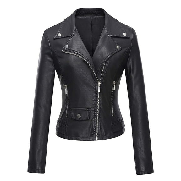 Faux-Leather Jackets for Women Trendy Full Zipper Up Collared Motorcycle Jacket Solid Slim Long Sleeve PU-Leather Moto Biker Outerwear Coats Clearance